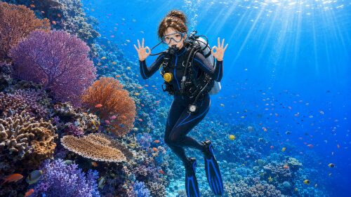 バリ島のサンゴ礁でカメラに向かって両手でOKサインを出す女性ダイバー