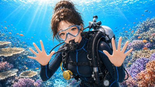 バリ島の海でカメラに向かって胸の前で両手のひらを広げる女性ダイバー