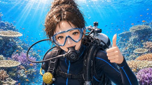 バリ島のサンゴ礁でカメラに向かって親指を立てる女性ダイバー