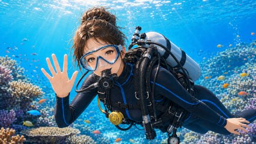 バリ島のサンゴ礁を泳ぎながらカメラに向かって手を振る女性ダイバー