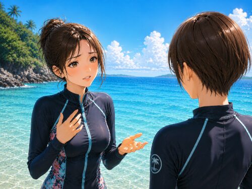 バリ島で体験ダイビング前に女性ガイドへ不安や心配事を相談する女性