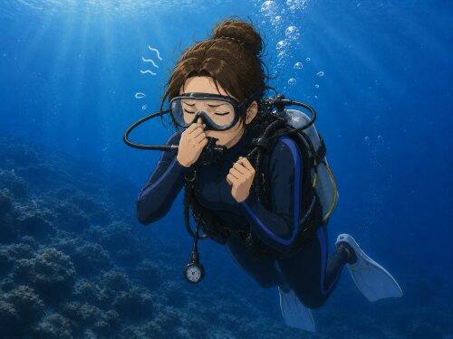 バリ島の体験ダイビングで耳抜きができず困っている初心者女性ダイバー
