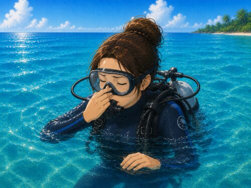 バリ島の体験ダイビングで水面に浮かびながらゆっくり耳抜きをする初心者女性ダイバー