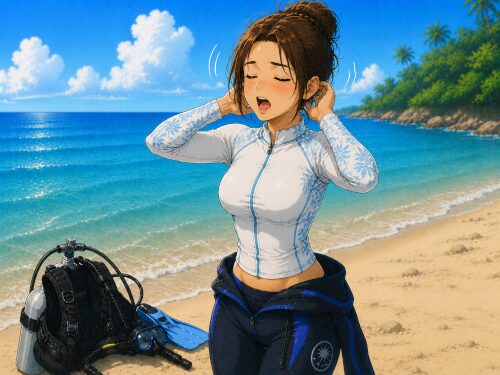 バリ島のビーチで耳の後ろをマッサージして耳抜きの準備をする女性ダイバー