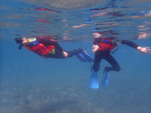 親子で並んでバリ島の海をシュノーケリングで楽しむ様子