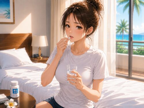 バリ島のホテルで水を飲みながら痛み止めを服用する女性
