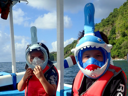 サメ型フルフェイスシュノーケリングマスクを着けて笑顔を見せる9歳と5歳のお子さま