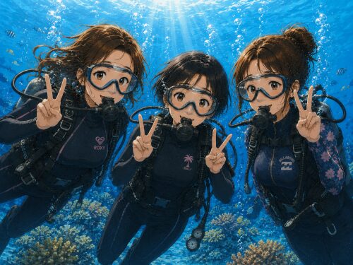 ダイビング経験者の友達と一緒に水中で笑顔でダイビングを楽しむ初心者女性