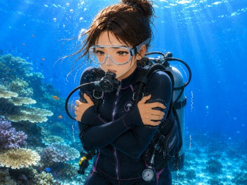低水温で寒さに耐えられなくなったウェットスーツ姿の女性ダイバー
