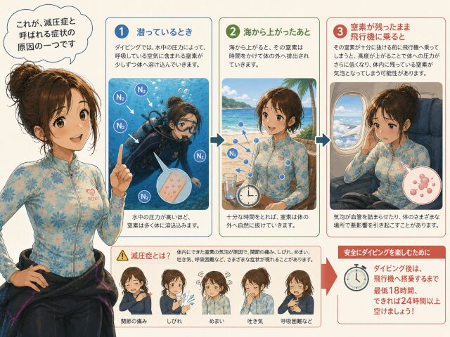 ダイビング中に体へ溶け込んだ窒素と飛行機搭乗による減圧症の仕組みを説明する女性