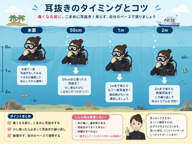 ダイビング初心者向けの耳抜きタイミング図解。水面・50cm・1m・2mでこまめに耳抜きをしながら潜降するコツを解説。