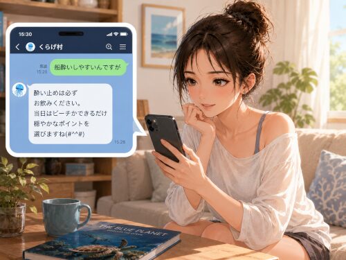 ダイビングの船酔いが心配でLINE相談をする初心者女性。酔い止めや穏やかなポイントについて案内を受けて安心しているイラスト