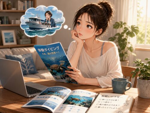 自宅でダイビングに興味はあるものの、船酔いが心配で不安そうに考えている初心者女性のイラスト