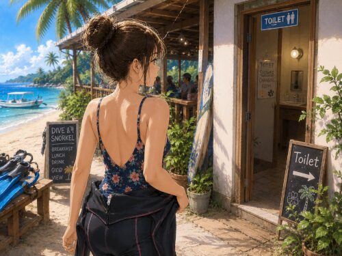 ビーチ横のレストランにあるトイレへ向かうウェットスーツを腰まで脱いだ女性ダイバー
