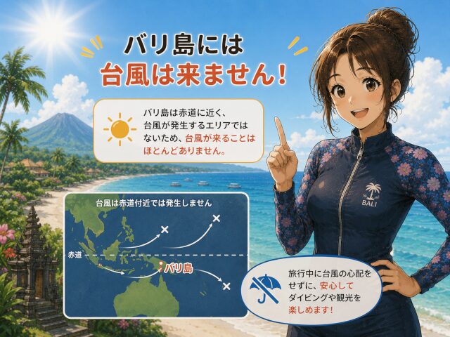 バリ島に台風が来ない理由を地図とともに説明するイラスト