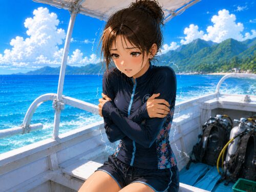 ダイビング後にジュクンボートの上で寒さに震えるラッシュガード姿の女性