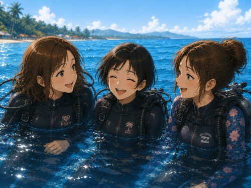 ダイビングを終えた3人の女性が水面で笑い合いながら達成感を共有している様子