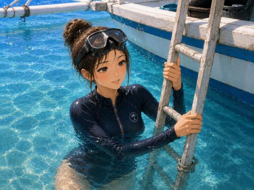 ダイビング前にビーチ横のレストランのトイレへ向かう女性ダイバー