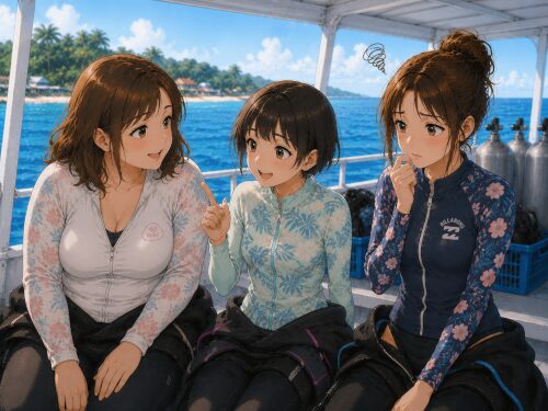 ダイビング経験者の友達2人と一緒に参加し、自分だけ初心者で緊張している女性