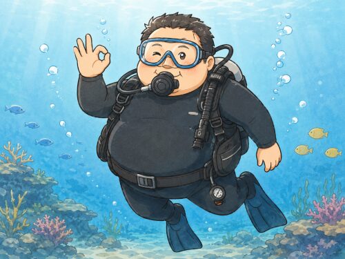 体格の大きな男性ダイバーが水中でOKサインを出し、リラックスしてダイビングを楽しんでいるイラスト
