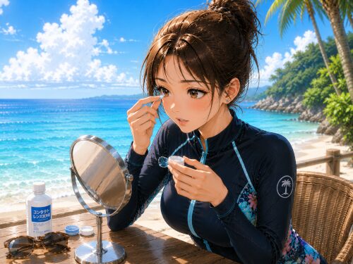 海辺でシュノーケリング前にコンタクトレンズを装着する女性