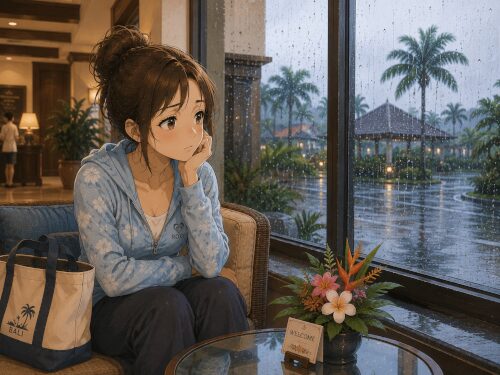 ホテルのロビーから雨の景色を見てダイビングを心配そうに見つめる女性