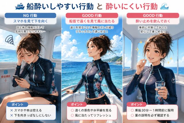 船酔いしやすい行動と酔いにくい行動を比較した図解。スマホを見る、遠くを見る、酔い止めを飲むなど船酔い対策を解説。