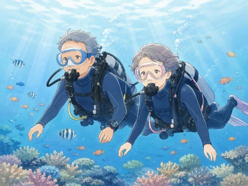 体力に自信がなくても水中をのんびり楽しむシニア夫婦ダイバーのイラスト