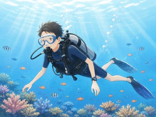 細身の青年ダイバーが水中をリラックスして泳ぐイラスト。体格よりも呼吸や力を抜くことが大切であることを表現。