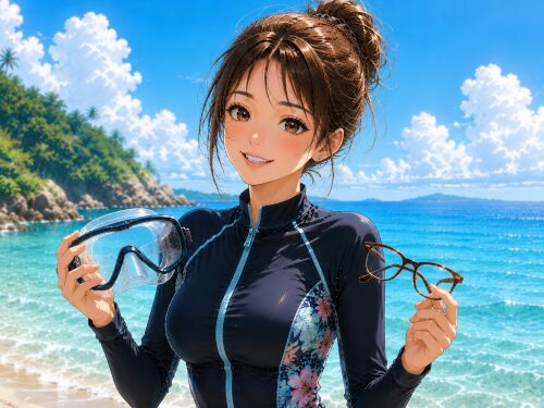 シュノーケリングマスクとメガネを持ち視力が悪い人向けの準備を紹介する女性