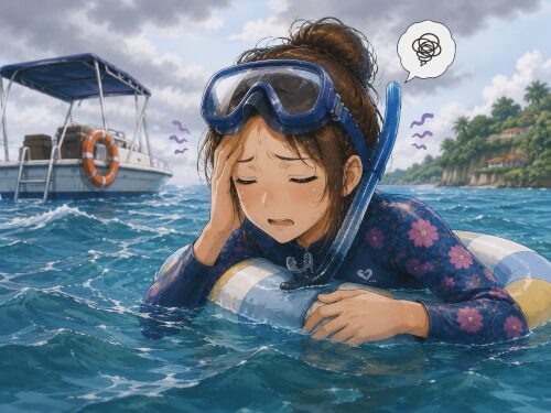 シュノーケリング中に波酔いして気分が悪くなり浮き具につかまる女性