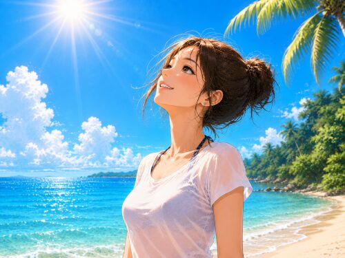 バリ島のビーチで太陽の光を浴びながらシュノーケリング前の時間を過ごす女性