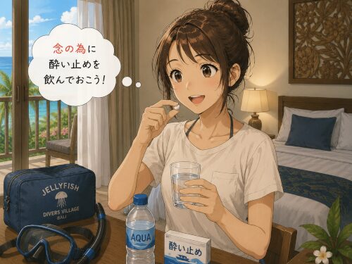 ホテルの部屋でダイビング前に念のため酔い止めを飲む女性