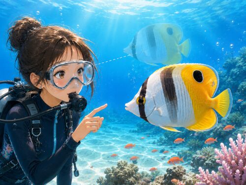 水中では光の屈折により魚が陸上より約30％大きく近く見えることを説明するイラスト