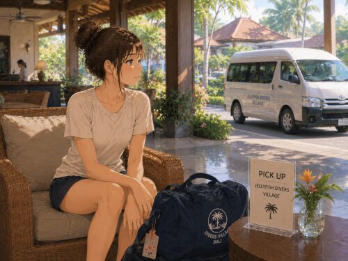 ホテルのロビーでダイビングサービスの送迎を待つ女性