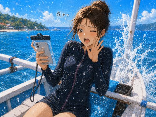 ジュクンボートの上で防水ケースに入れたスマートフォンで撮影中に水しぶきを浴びて驚く女性