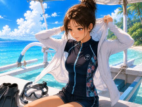 ジュクンボートの上でラッシュガードの上からパーカーを着ようとしている女性