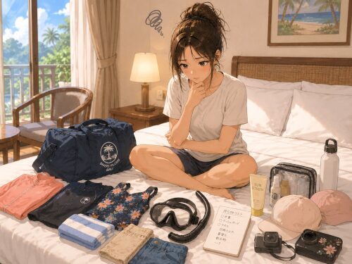 ホテルの部屋でダイビングツアーの持ち物を確認しながら悩んでいる女性