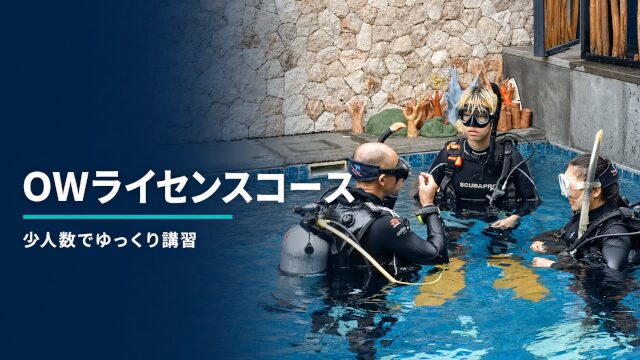 プールでインストラクターからオープンウォーターダイバー講習を受ける2人