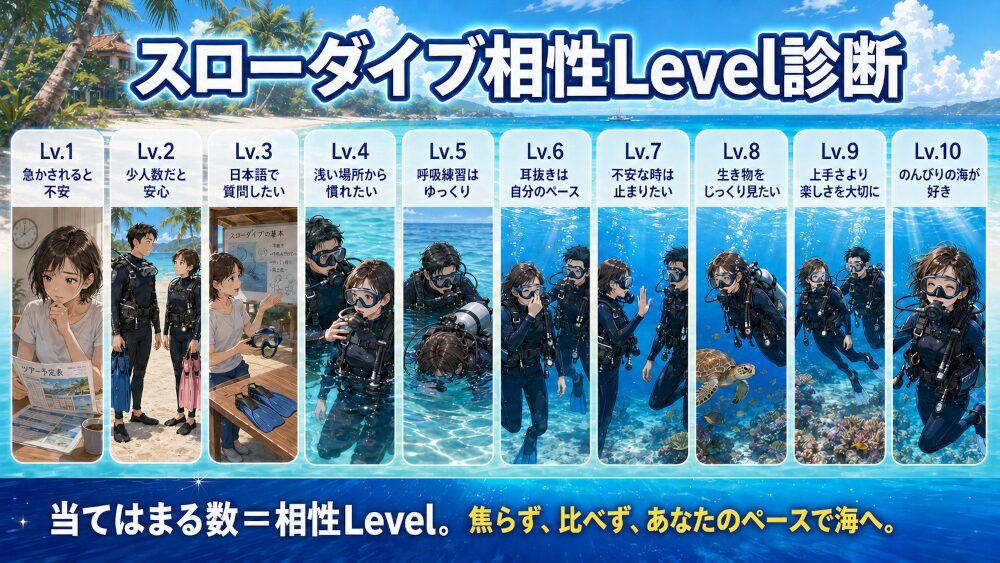 急がず少人数で自分のペースで潜りたい人向けのスローダイブ相性Level診断