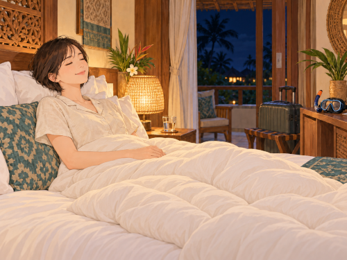 夜のバリ島のホテルで、下半身に布団をかけて笑顔でゆっくり休む女性のイラスト