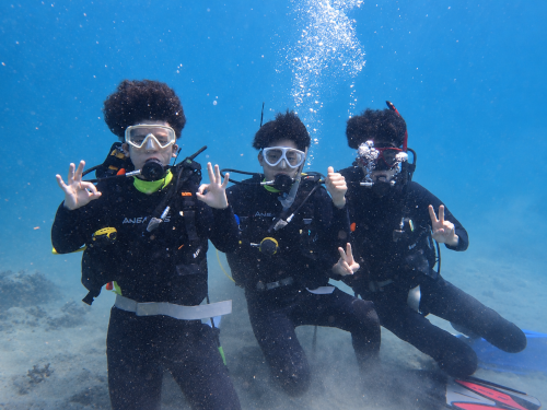バリ島の体験ダイビングで3人そろって水中を楽しむ大学時代の友人たち