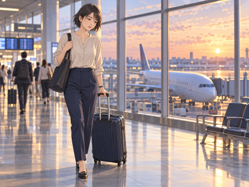 仕事帰りの服装でスーツケースを引き、疲れた表情で空港を歩く女性のイラスト