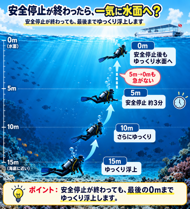 15mからゆっくり浮上し、水深5mで約3分の安全停止後も水面までゆっくり浮上する流れのイラスト