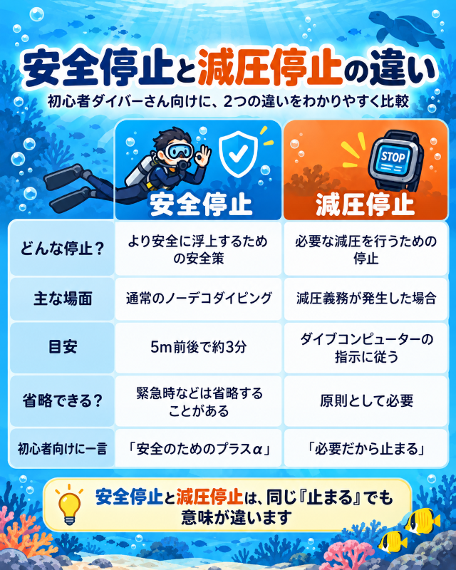 ダイビングの安全停止と減圧停止の違いを、目的・場面・時間・省略可否で比較した初心者向け表
